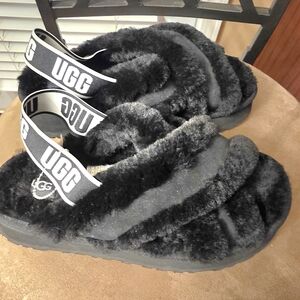 UGG Black Fluff Cozy Slide Sandals with Branded Elastic Strap .Brand New, Size 9